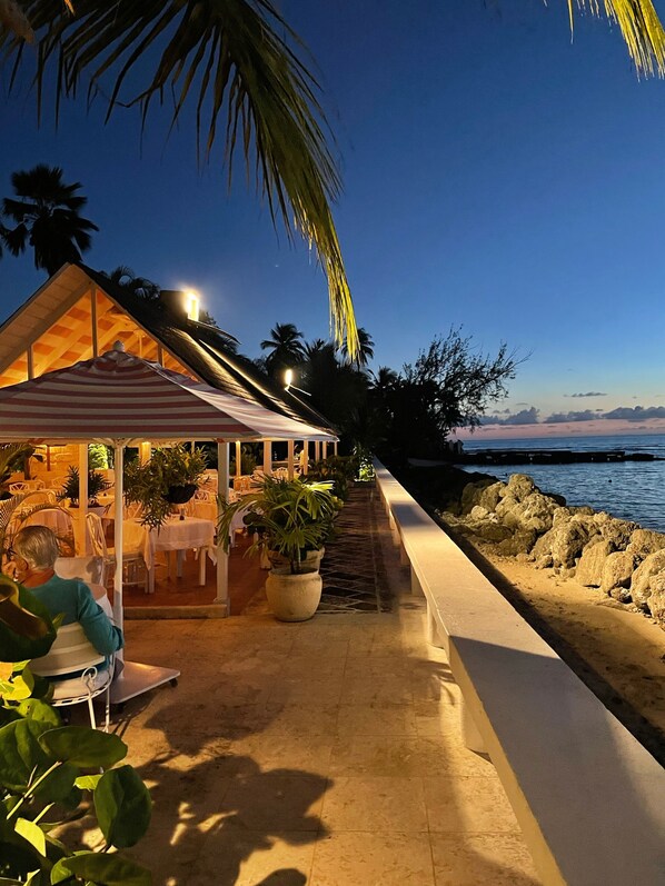 Un restaurant situé en bord de mer, avec une terrasse, des palmiers et une vue sur l’océan.