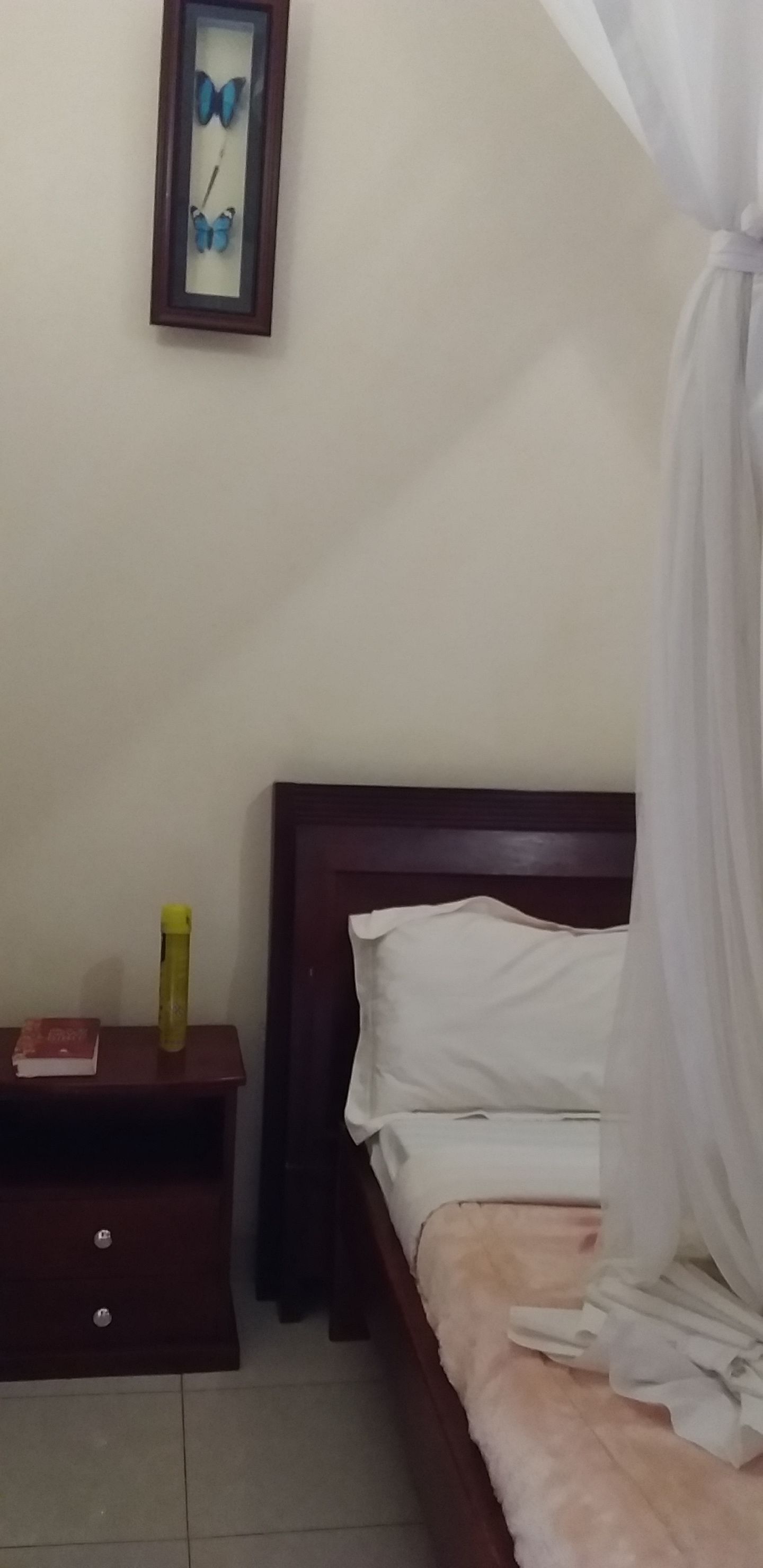 A bedroom with a wooden bed, a nightstand with a book and a bottle, and a framed butterfly artwork on the wall.