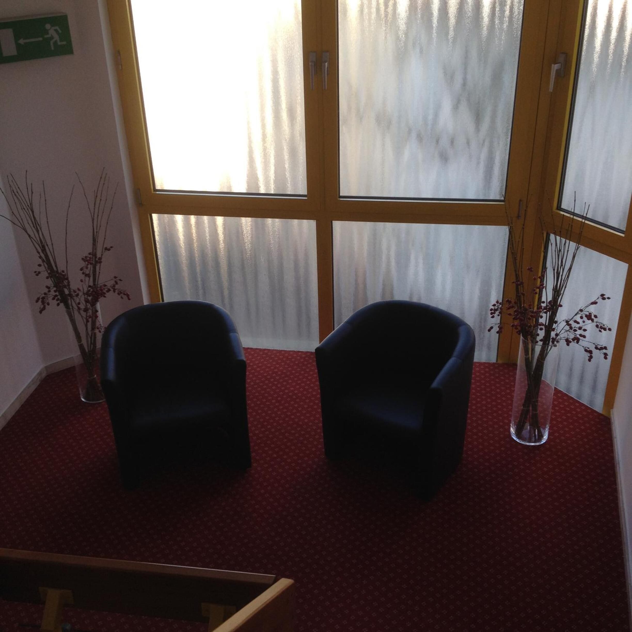 Een kamer met twee donkere fauteuils, een rood tapijt met patroon, en een groot raam met geëtste glaspanelen.