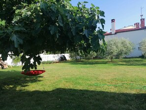 Ein grünes Rasenstück mit einem großen Baum, einem hängenden roten Stuhl und einem Gebäude mit roten Dächern im Hintergrund.
