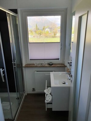 Shower, hair dryer, towels