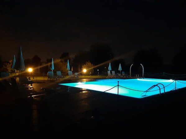 Seasonal outdoor pool, pool umbrellas, pool loungers