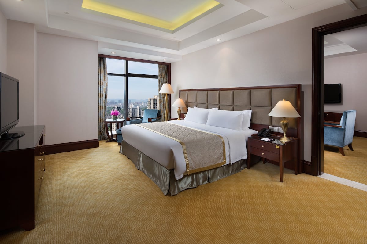 Habitación de hotel con una cama grande, dos mesitas de noche, televisión y vistas a la ciudad.