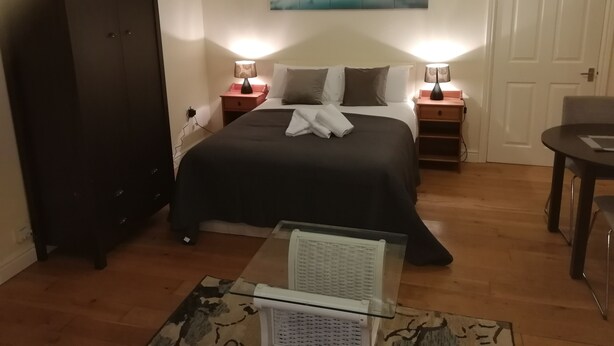 Estudio clásico, 1 cama matrimonial, vista al jardín | Espacio para trabajar con laptop y tabla de planchar con plancha 