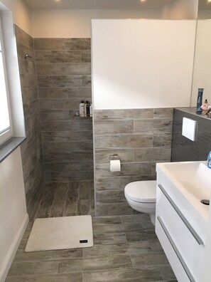 Douche, séchoir à cheveux, serviettes fournies, papier de toilette