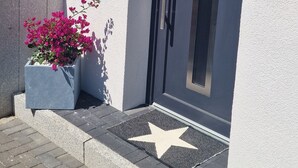 Entrada de un edificio moderno con una puerta oscura, un felpudo en forma de estrella y una planta en maceta con flores rosadas.