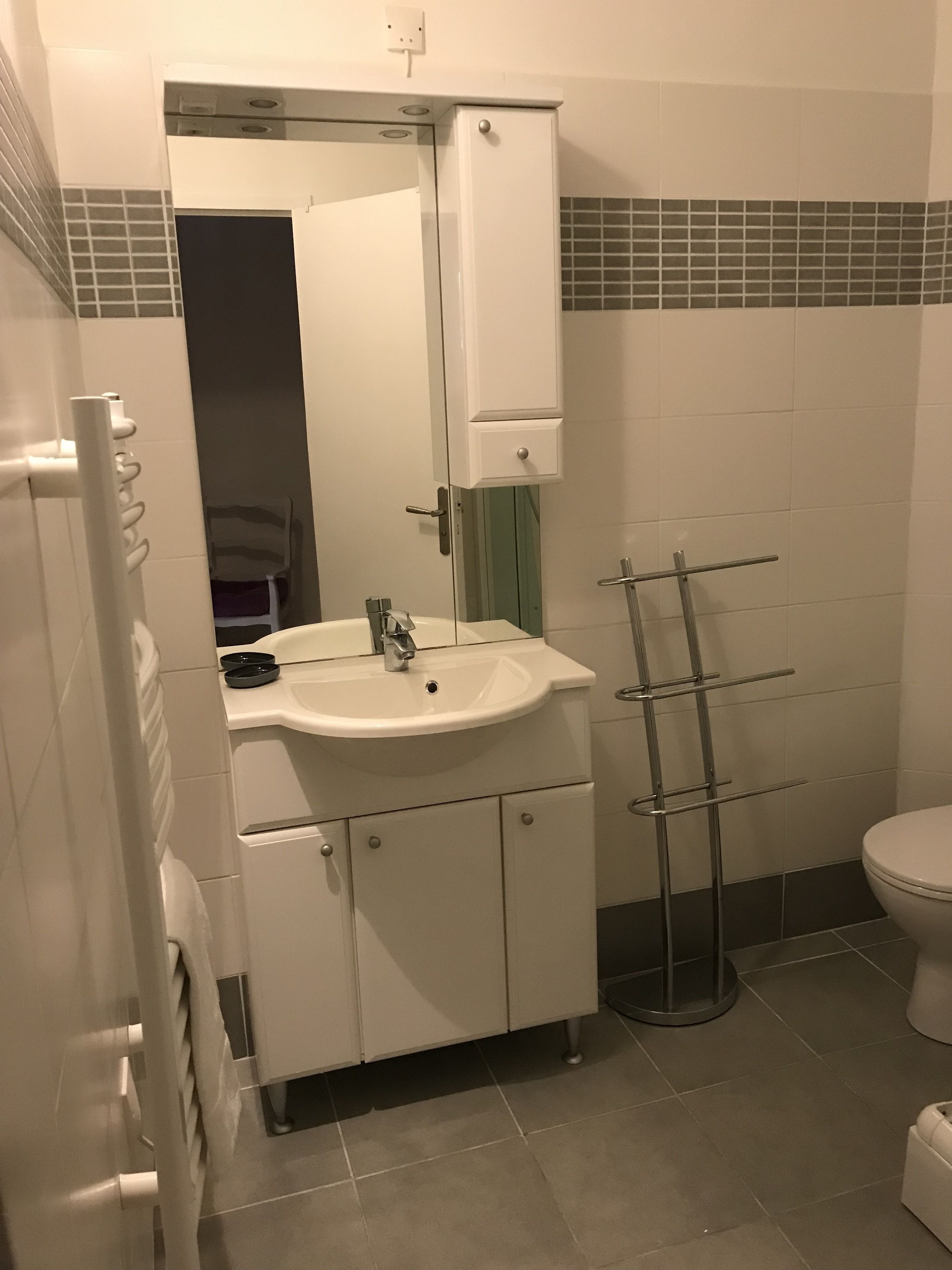 A bathroom with a white sink, mirror, and cabinet, a towel rack, and a toilet.
