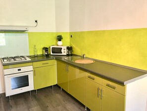 Full-size fridge, microwave, oven, stovetop