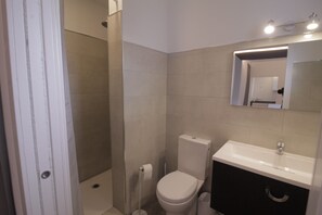A bathroom with a toilet, sink, and mirror.