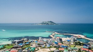 A coastal town with a pier extending into the sea, surrounded by residential buildings with varied roof colors. - Lemain hotel (Jeju City)