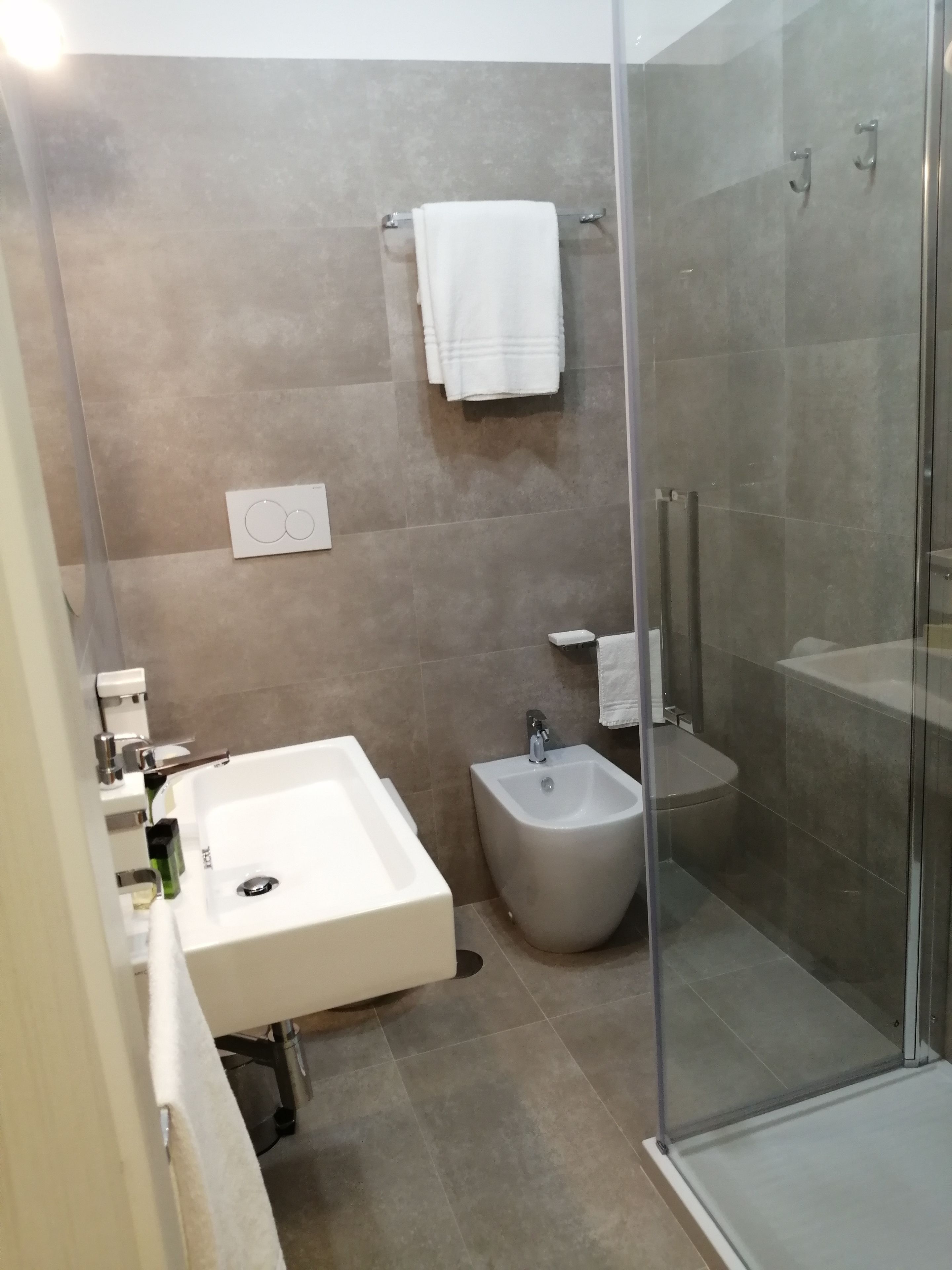 A modern bathroom with a glass-enclosed shower, a standalone bidet, and a sink with a mirror.