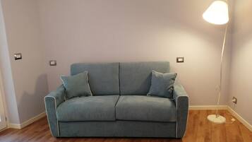 A grey sofa with two cushions in a room with wooden flooring and light-colored walls.
