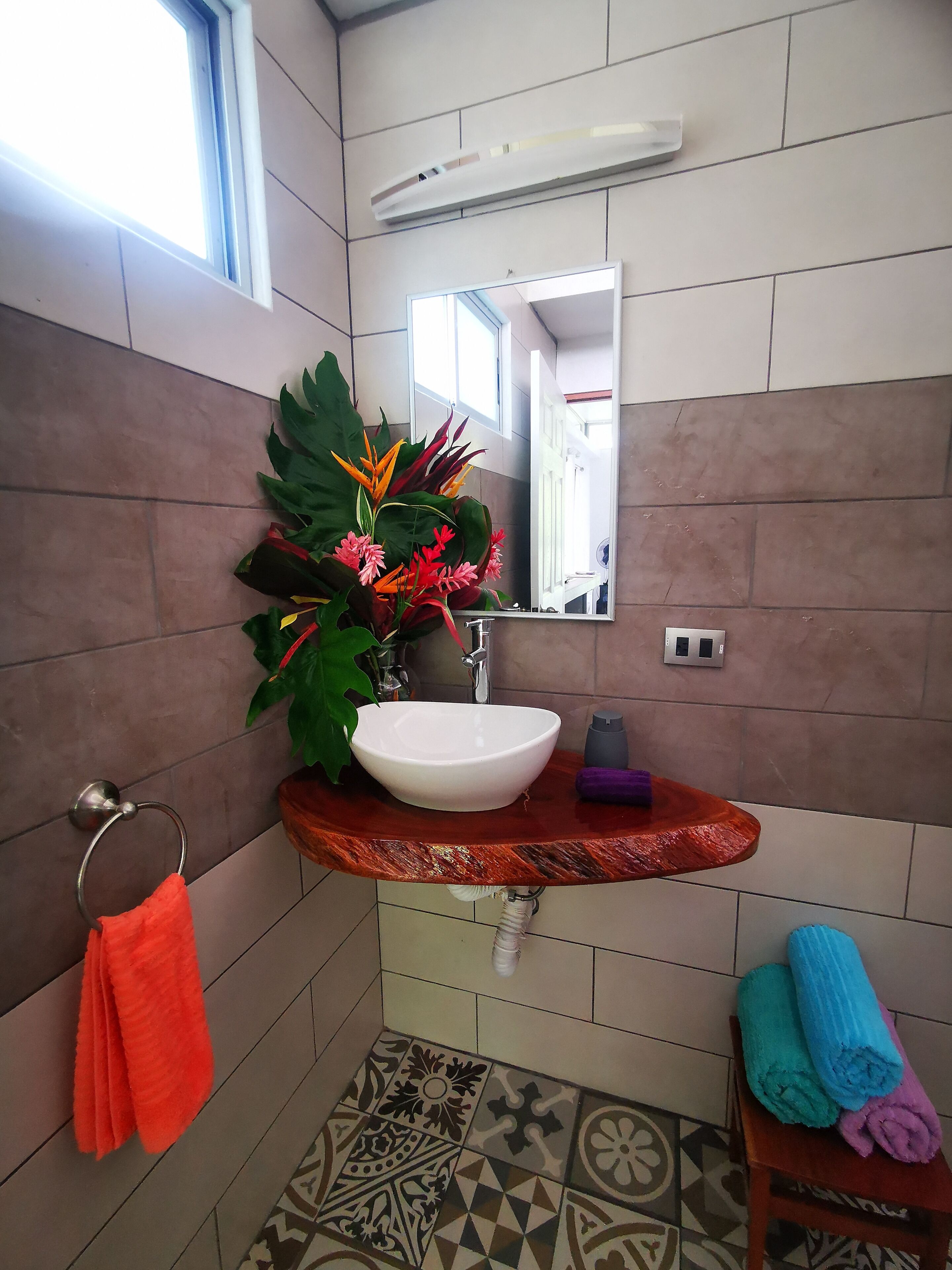A bathroom with a white sink, a mirror, and a potted plant.