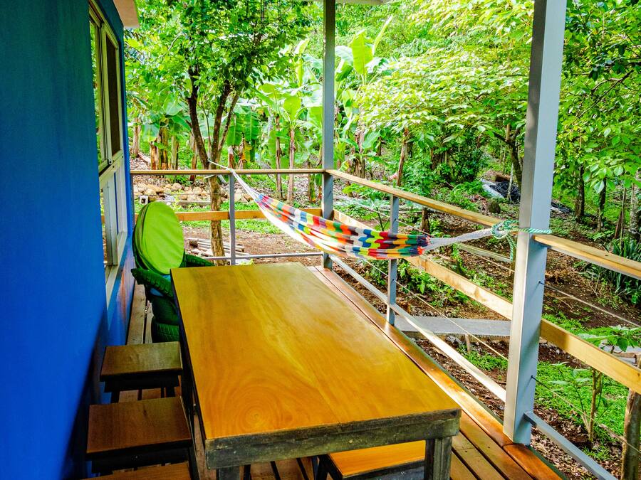 A wooden table and benches under a covered area with a view of a garden.