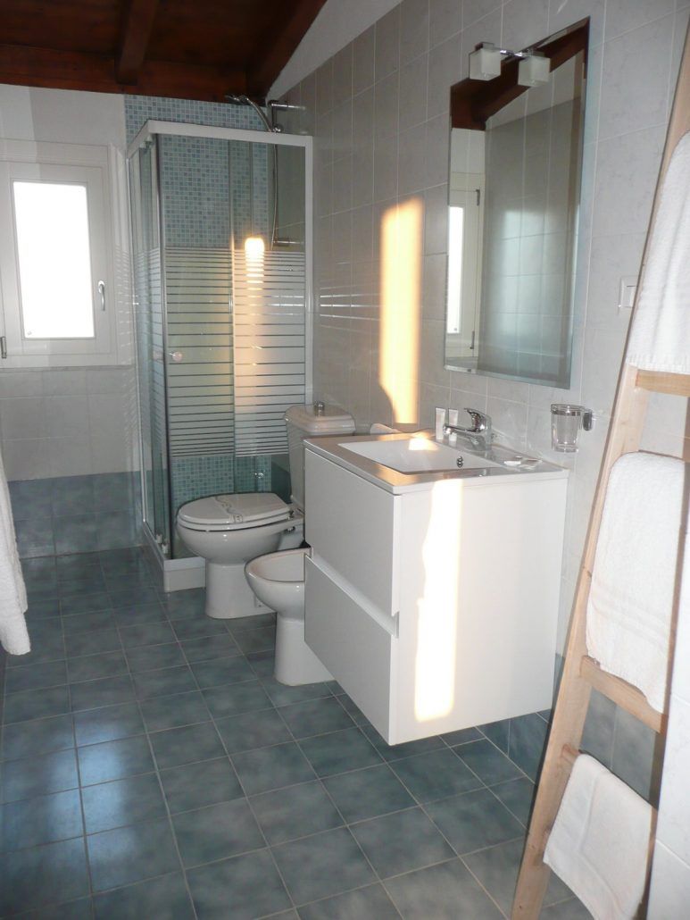 Une salle de bain avec douche, toilettes et lavabo.