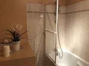 A modern bathroom with a glass-enclosed shower, a bathtub, and a small plant on the vanity. - La Lézardière (Épeigné-les-Bois)