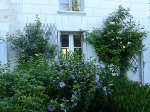A white building with a window and a lattice. - La Lézardière (Épeigné-les-Bois)