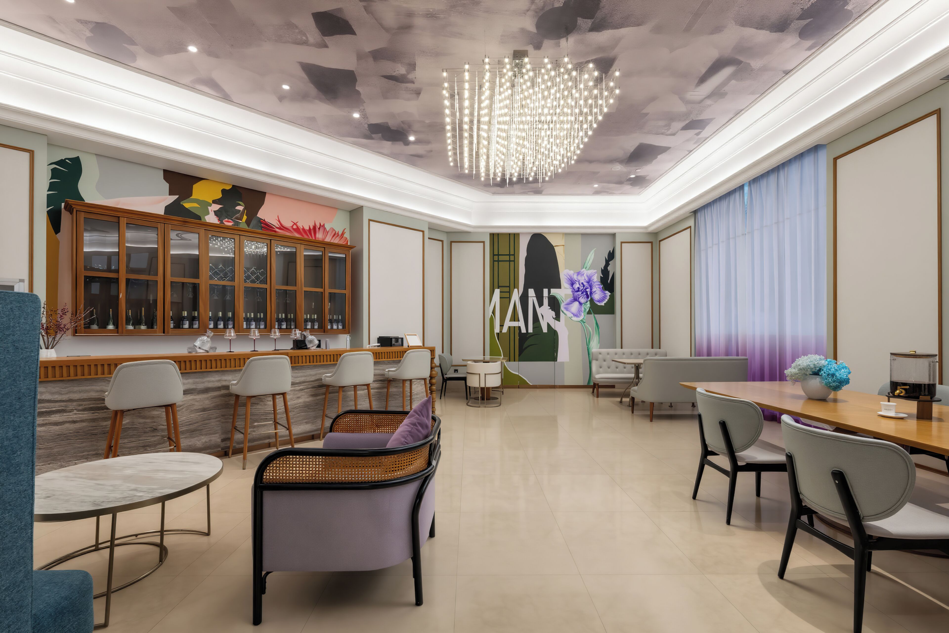 Un intérieur moderne avec un bar, des sièges et un lustre.