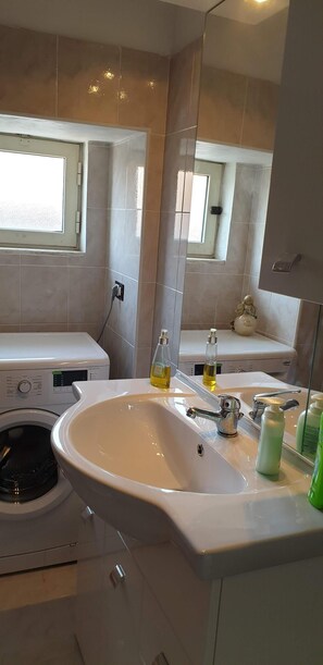 Shower, hair dryer, bidet, towels