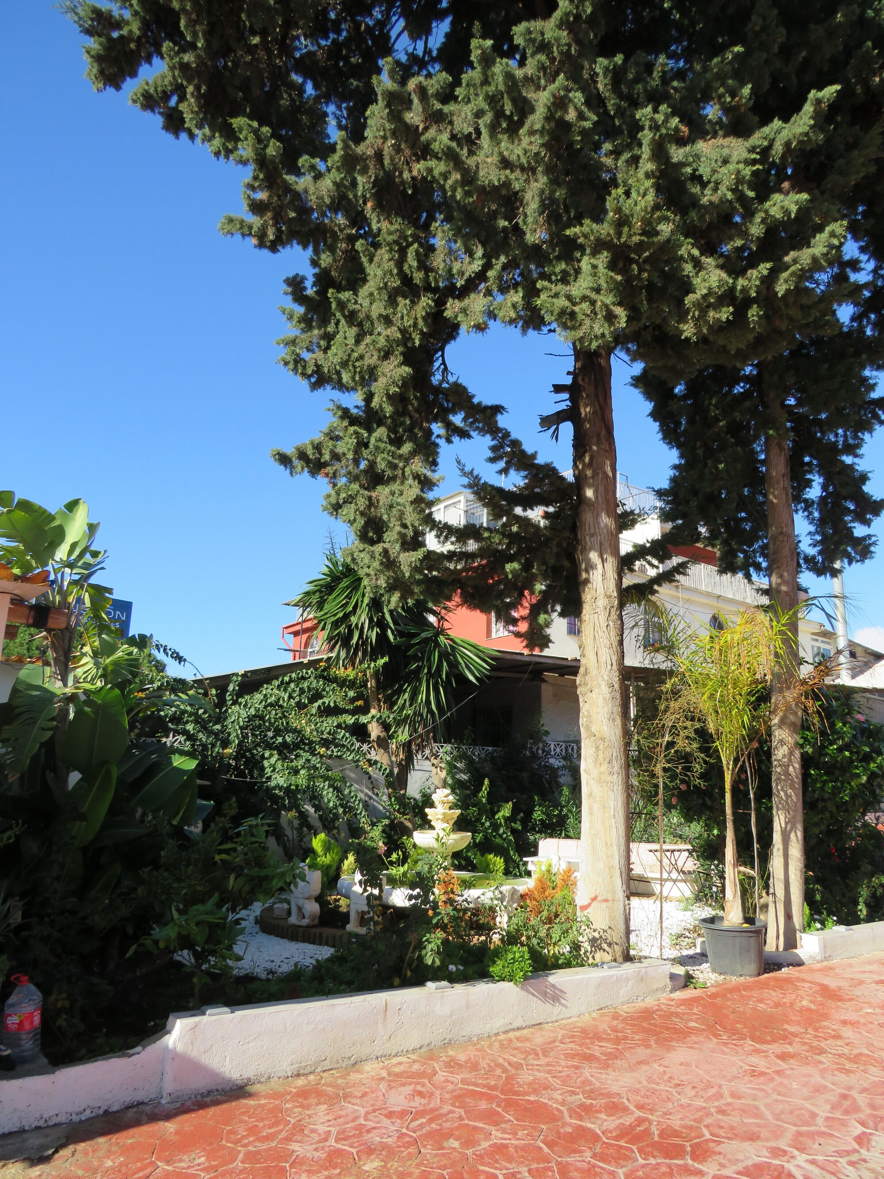 A courtyard with a fountain, potted plants, and a building with a red roof in the background.