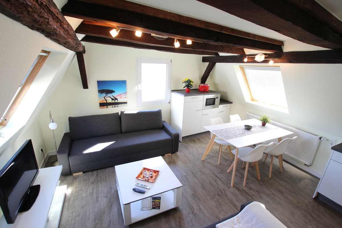 Ein gemütlicher Wohnraum mit einer Couch, einem Esstisch mit Stühlen, einer Küchenzeile und einem Fernseher auf einem Standfuß.