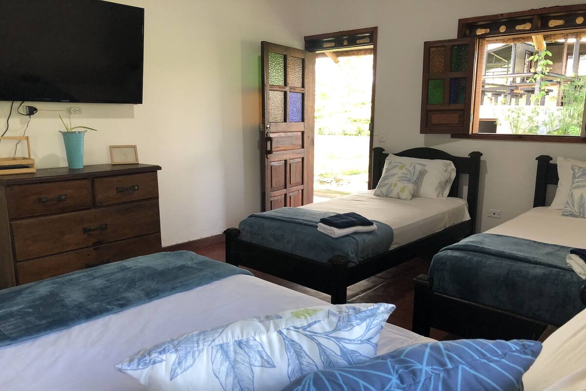 Een kamer met twee bedden, een dressoir, een televisie en een raam met uitzicht op groen.