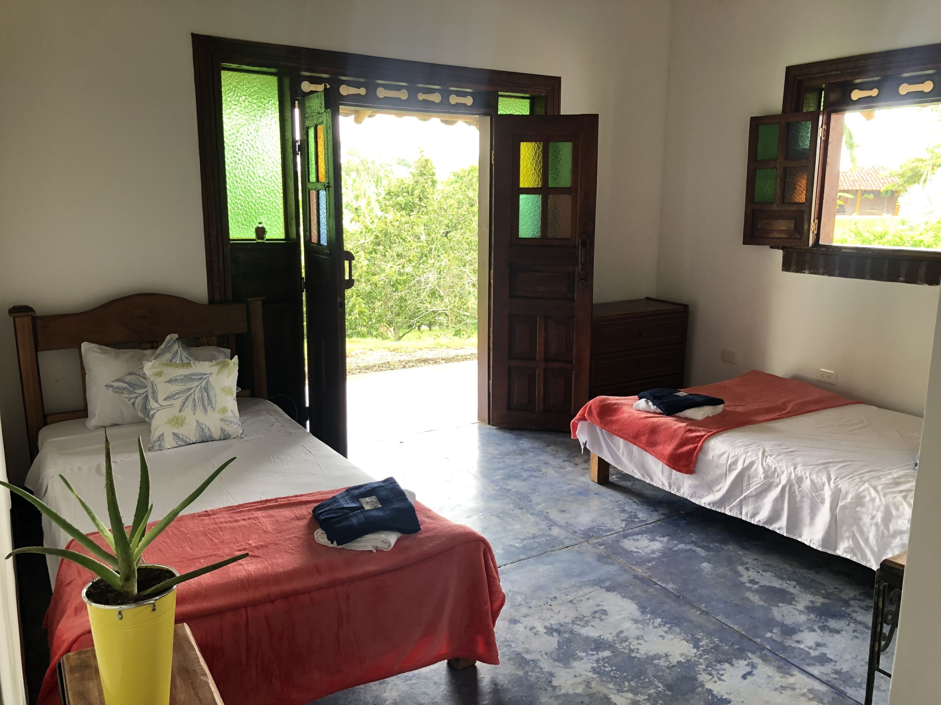 Habitación con dos camas, cabecero de madera, una planta en maceta y ventana con vistas a follaje.