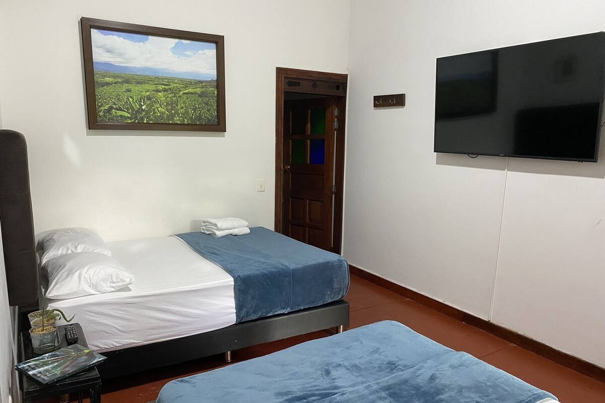 Een hotelkamer met twee bedden, een televisie, een schilderij en een deur.