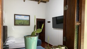 A bedroom with a bed, a large potted cactus, and a tray of smaller plants. - Finca Hotel Brasilia (La Tebaida)