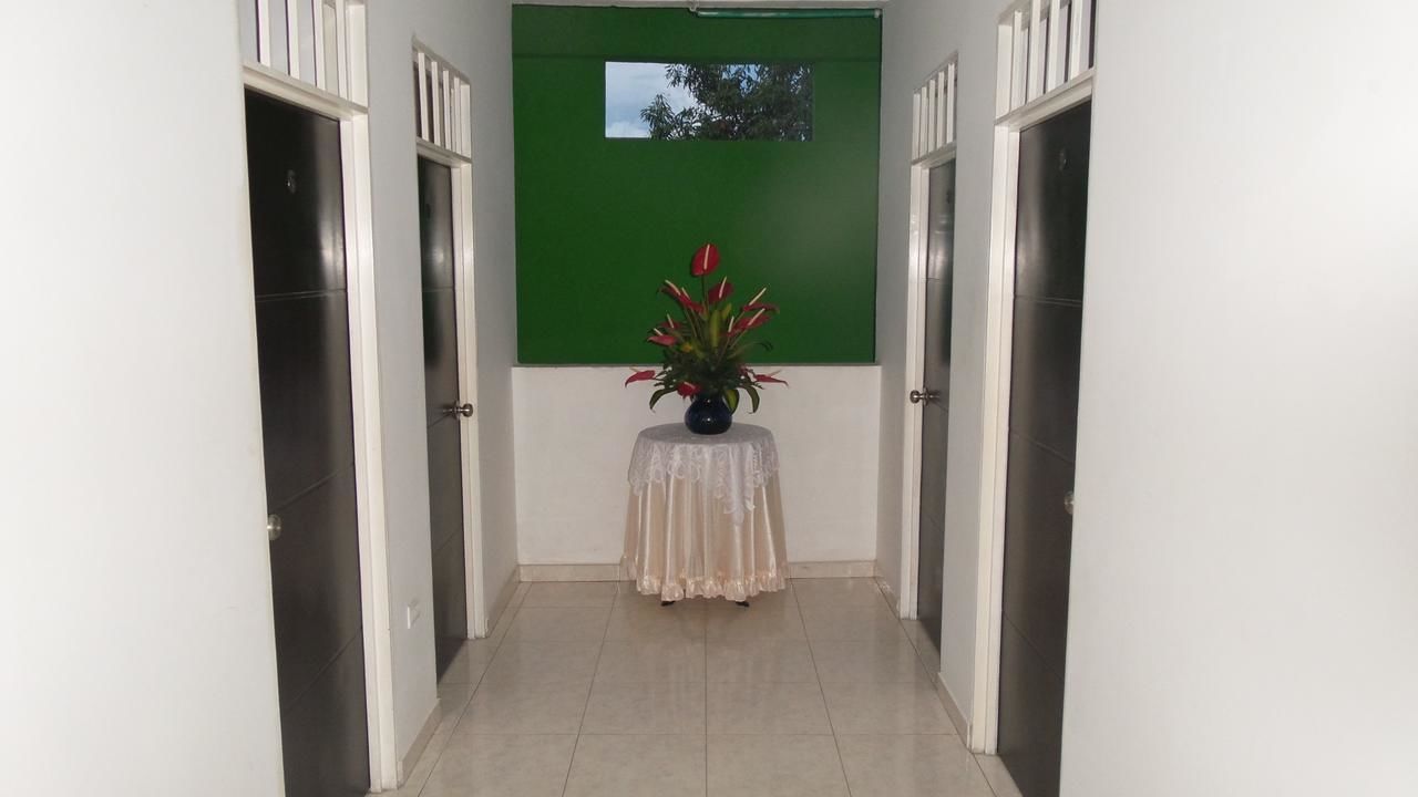 Un pasillo con pared verde, una pequeña mesa con un florero y una ventana con vista a árboles.