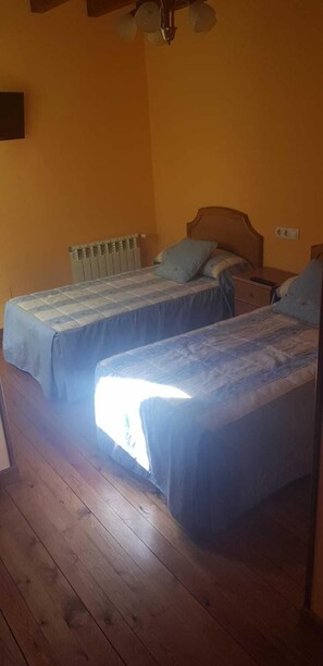 A room with two single beds, a radiator, and a wooden floor.