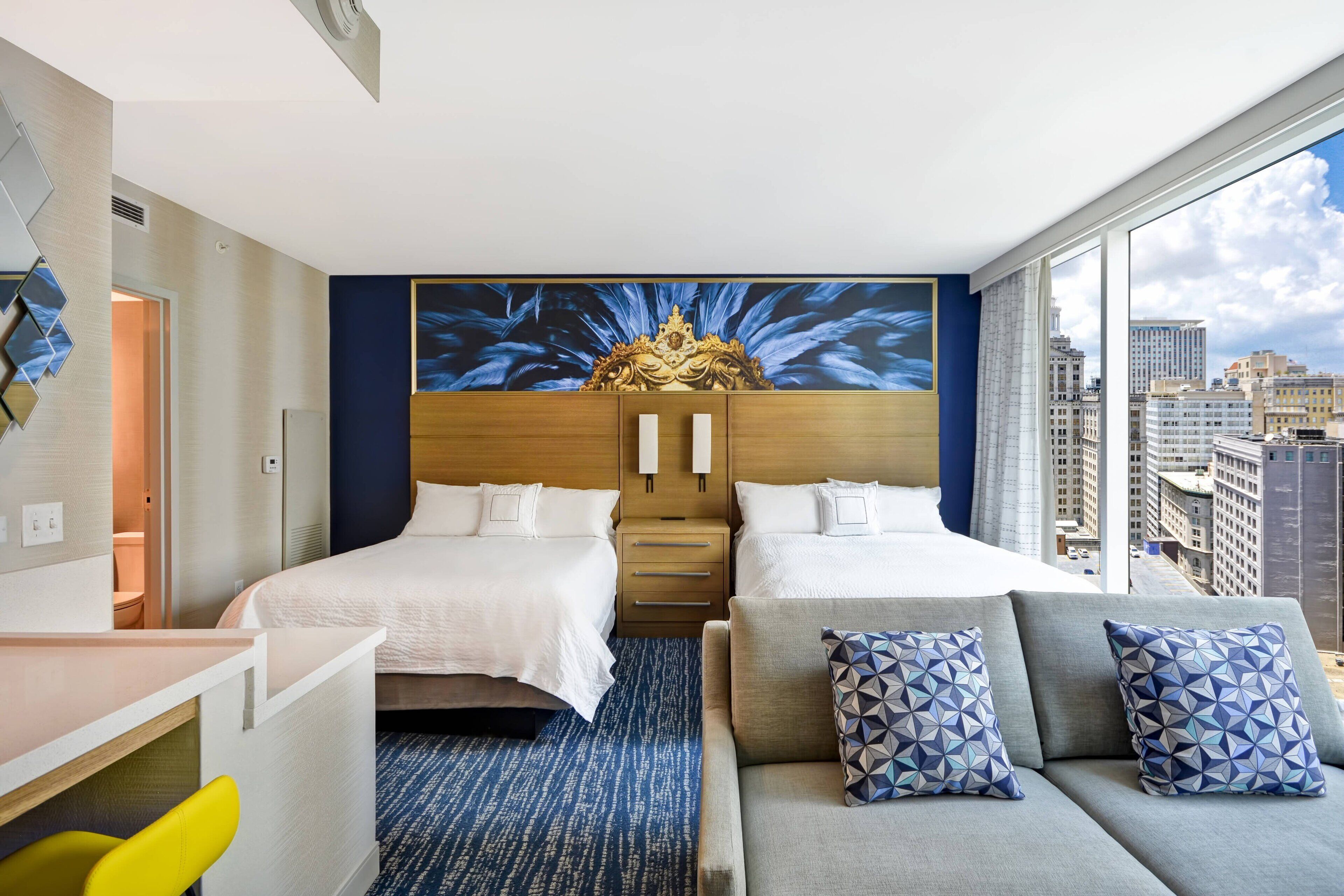 studio, 2 queen beds, non smoking, city view | 1 bedroom, desk, laptop workspace, iron/ironing board