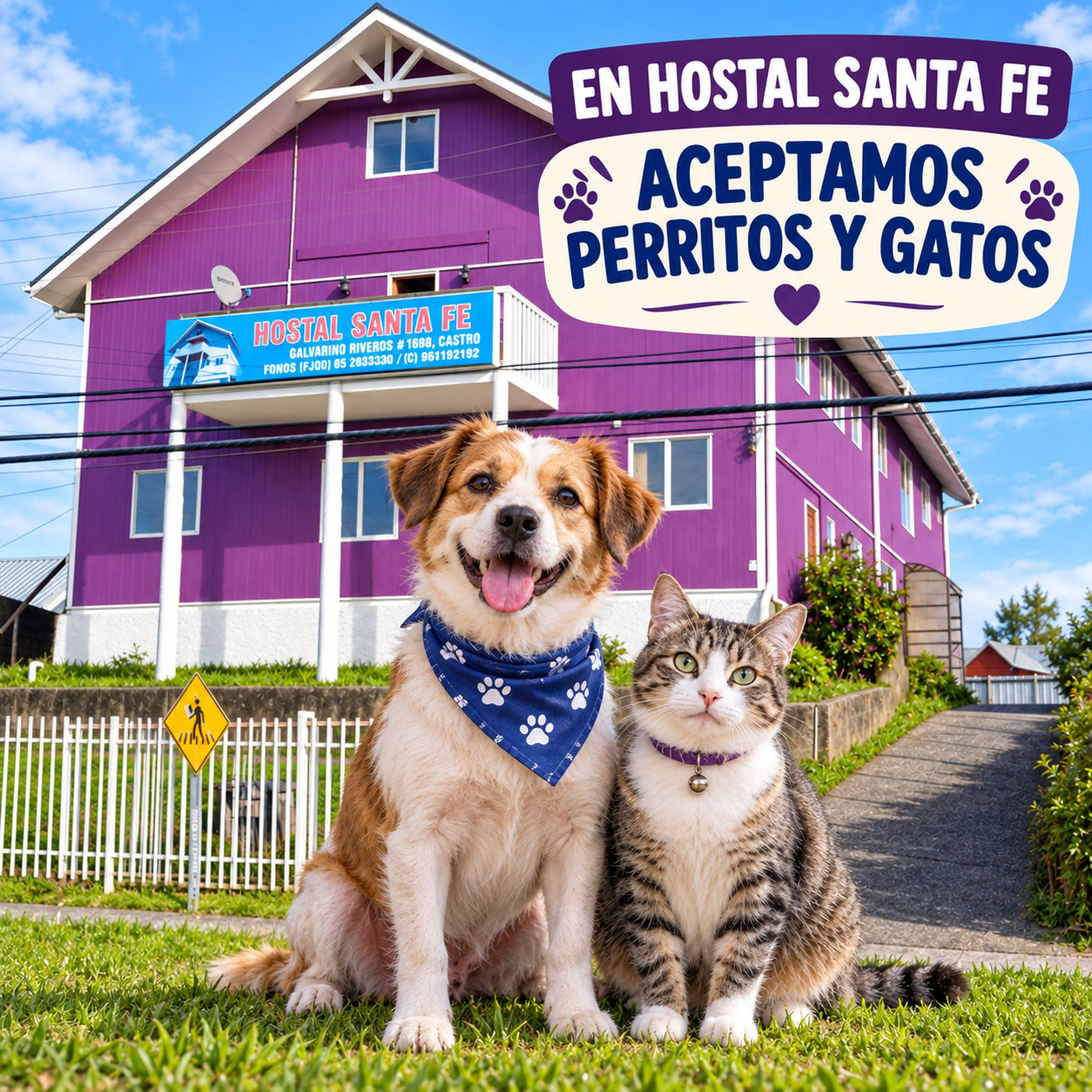 Ein Hund und eine Katze sitzen vor einem Gebäude, auf dessen Schild steht: 'EN HOSTAL SANTA FE ACEPTAMOS PERRITOS Y GATOS.'