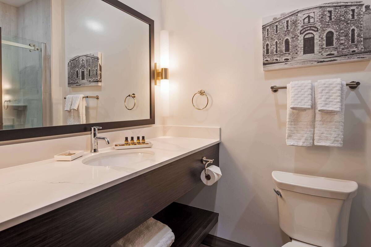 free toiletries, hair dryer, towels