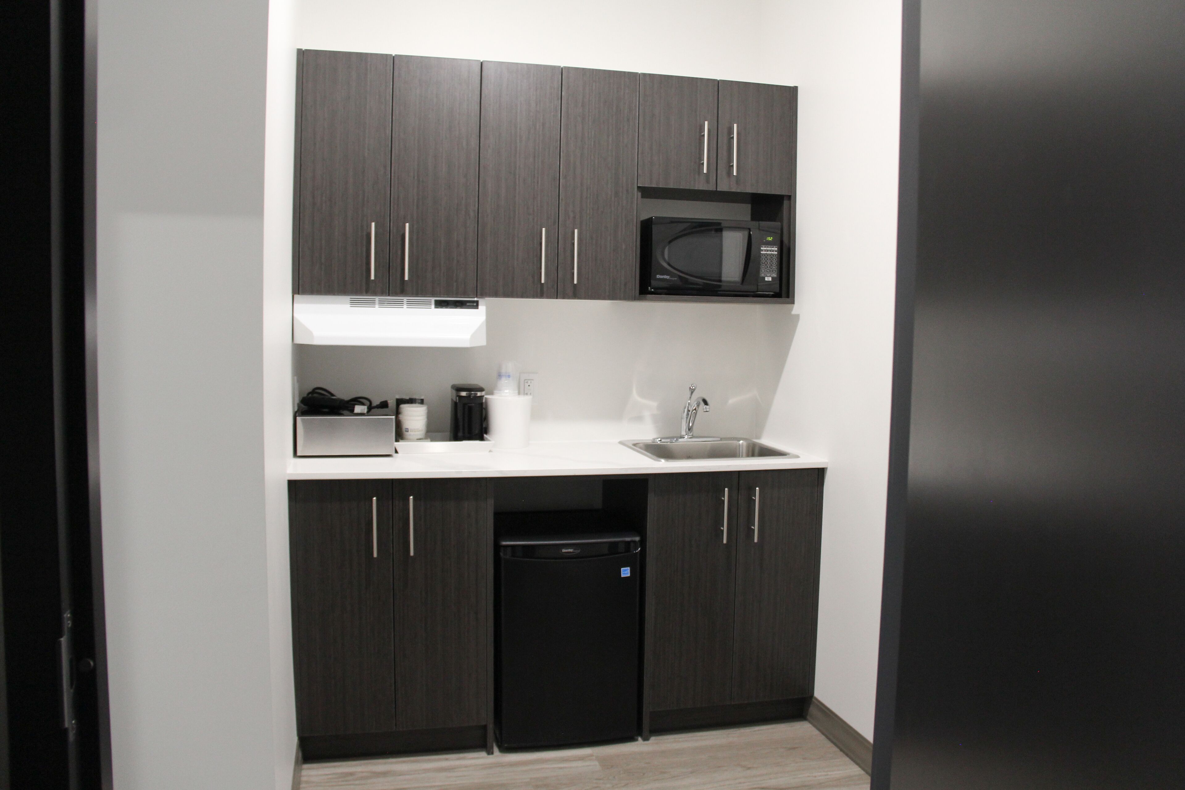 mini-fridge, microwave, coffee/tea maker