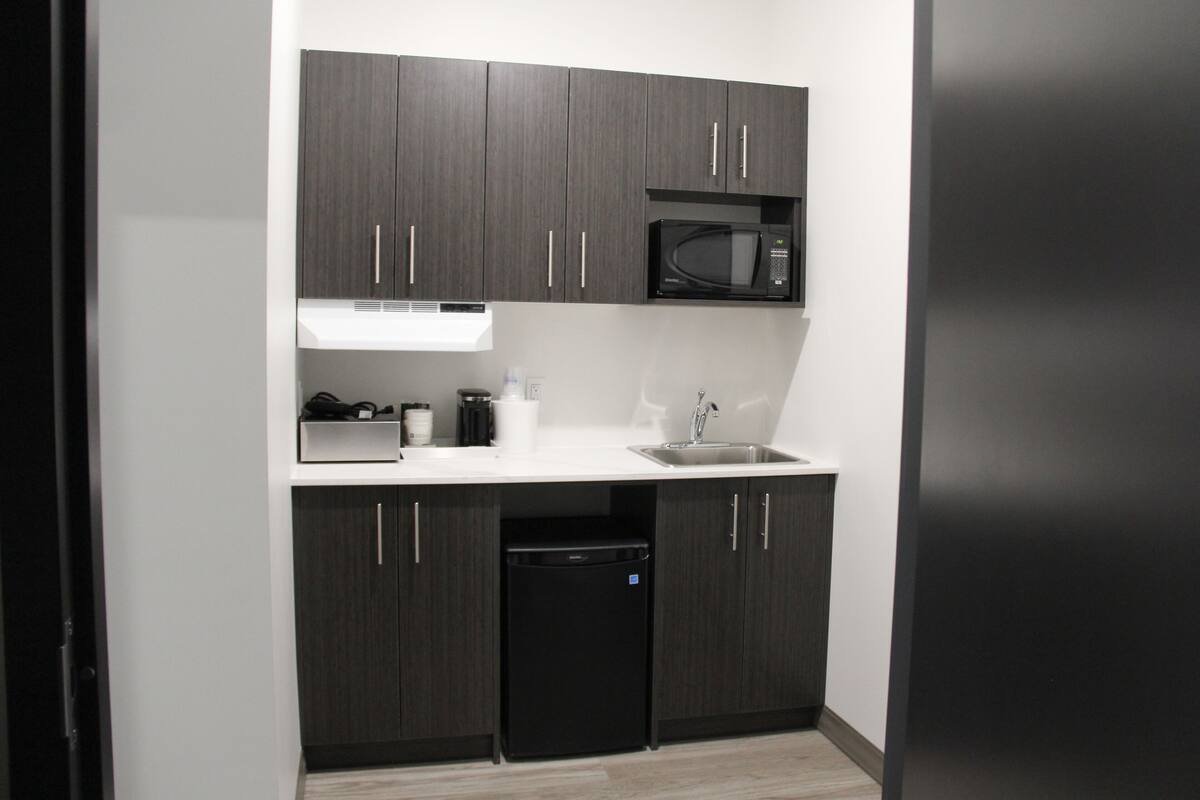 mini-fridge, microwave, coffee/tea maker