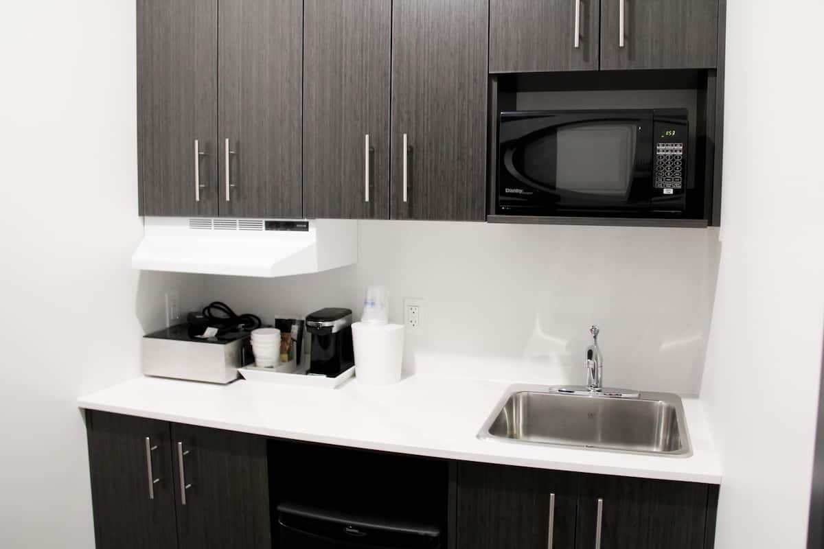 mini-fridge, microwave, coffee/tea maker