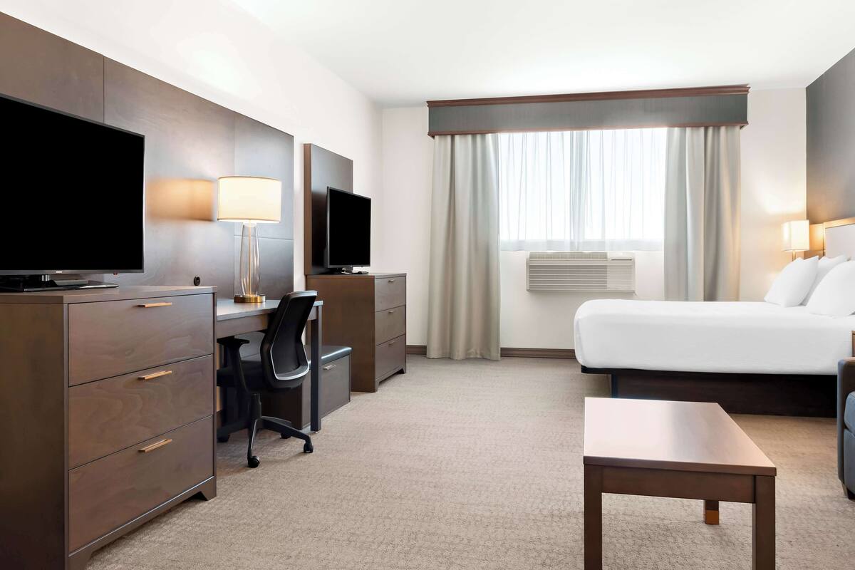 A hotel room with a bed, a desk with a chair, a TV, a lamp, and a window with curtains.