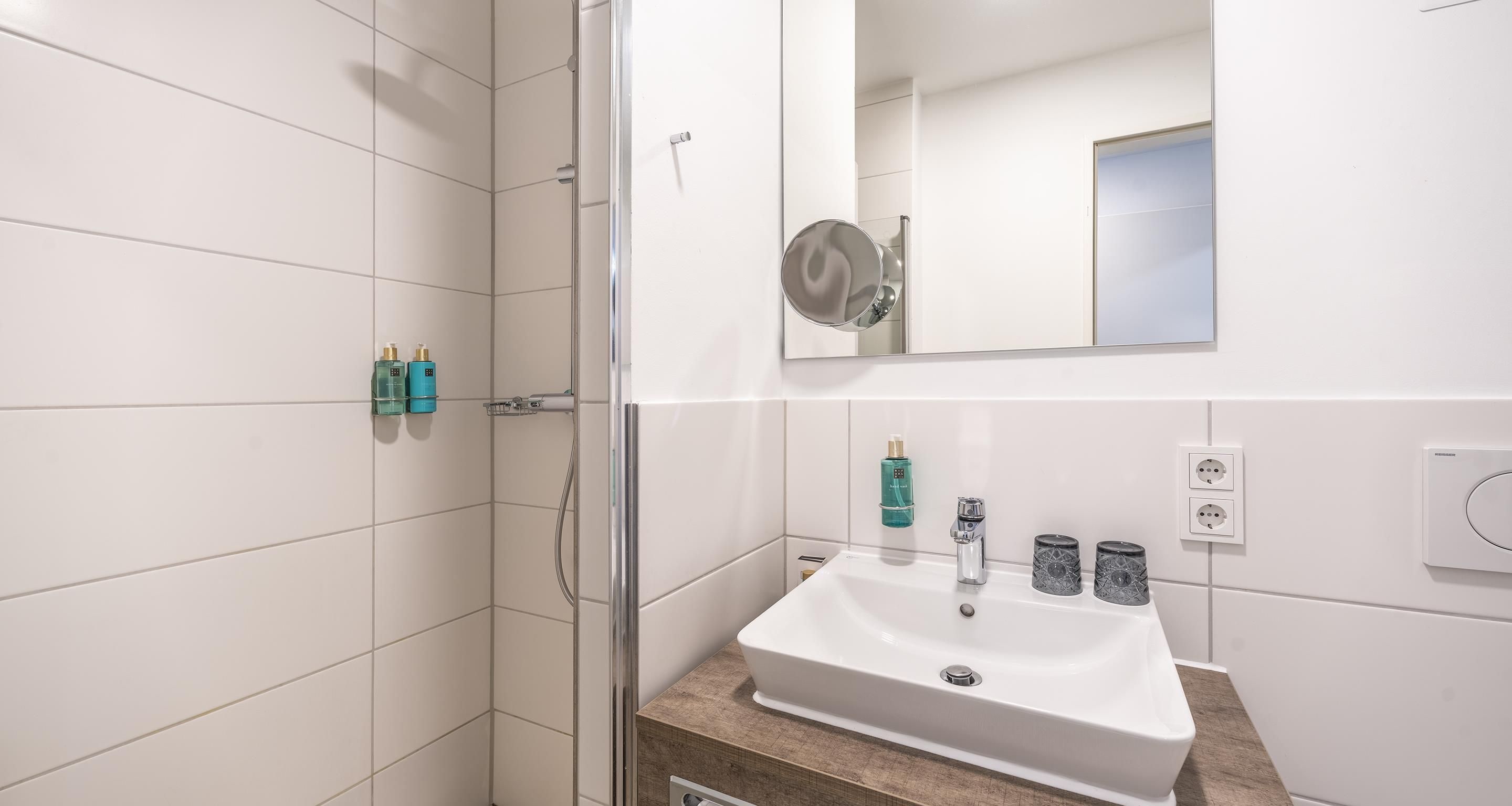 Une salle de bain avec un lavabo blanc, un miroir au-dessus, et un espace douche aux carreaux blancs.