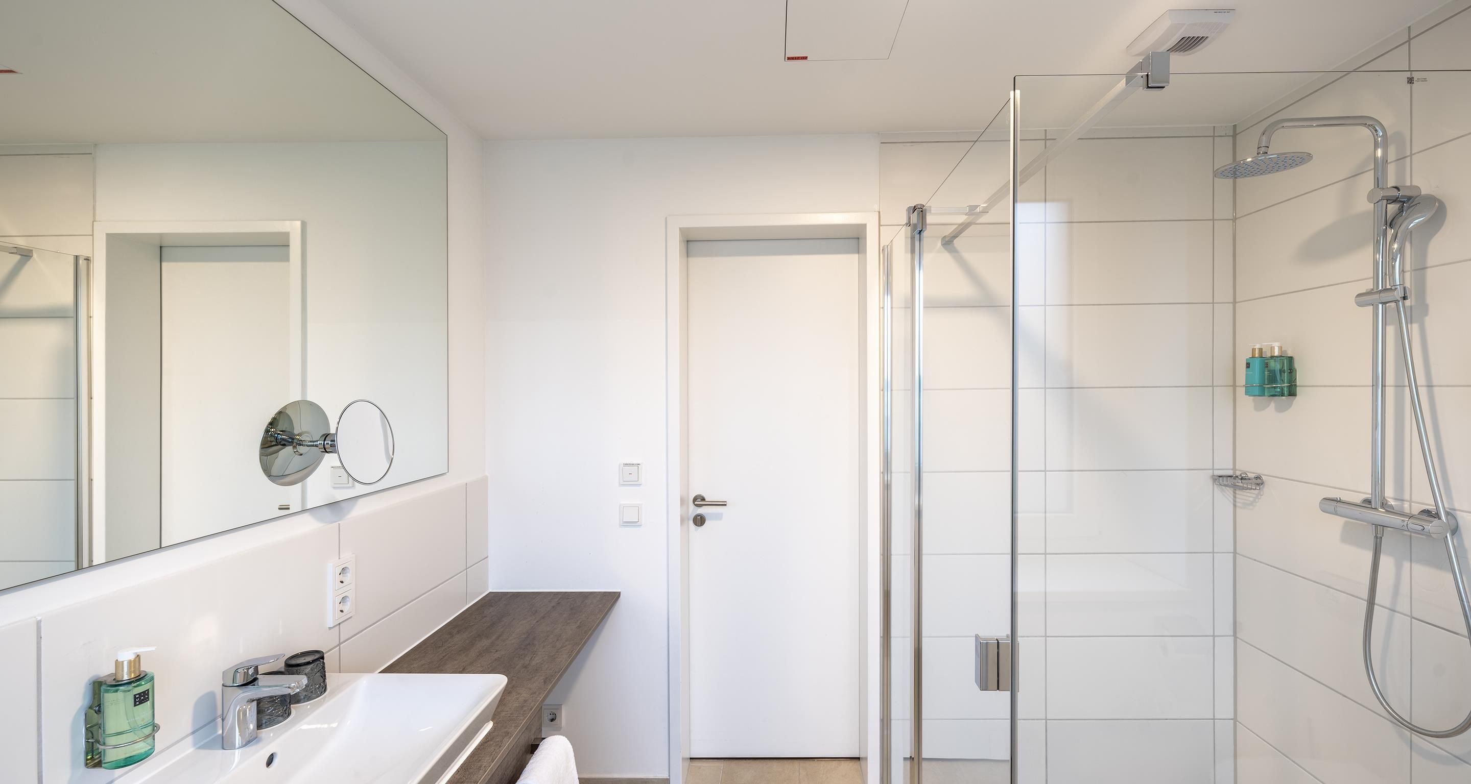 A modern bathroom with a glass shower enclosure, a white sink, and a mirror.