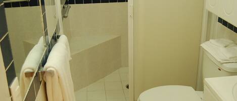 Une salle de bain avec une douche, des toilettes et un lavabo.