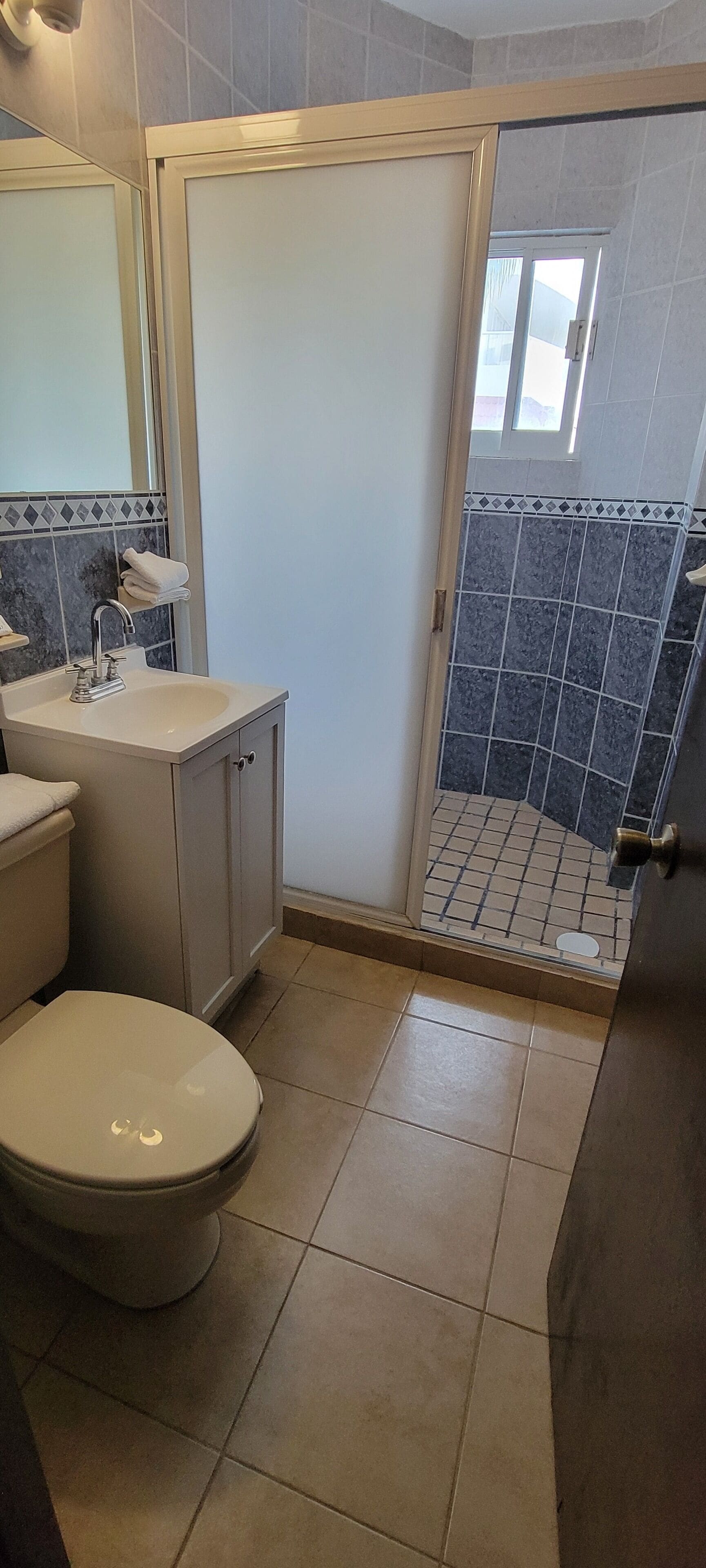 A bathroom with a toilet, sink, and shower area.