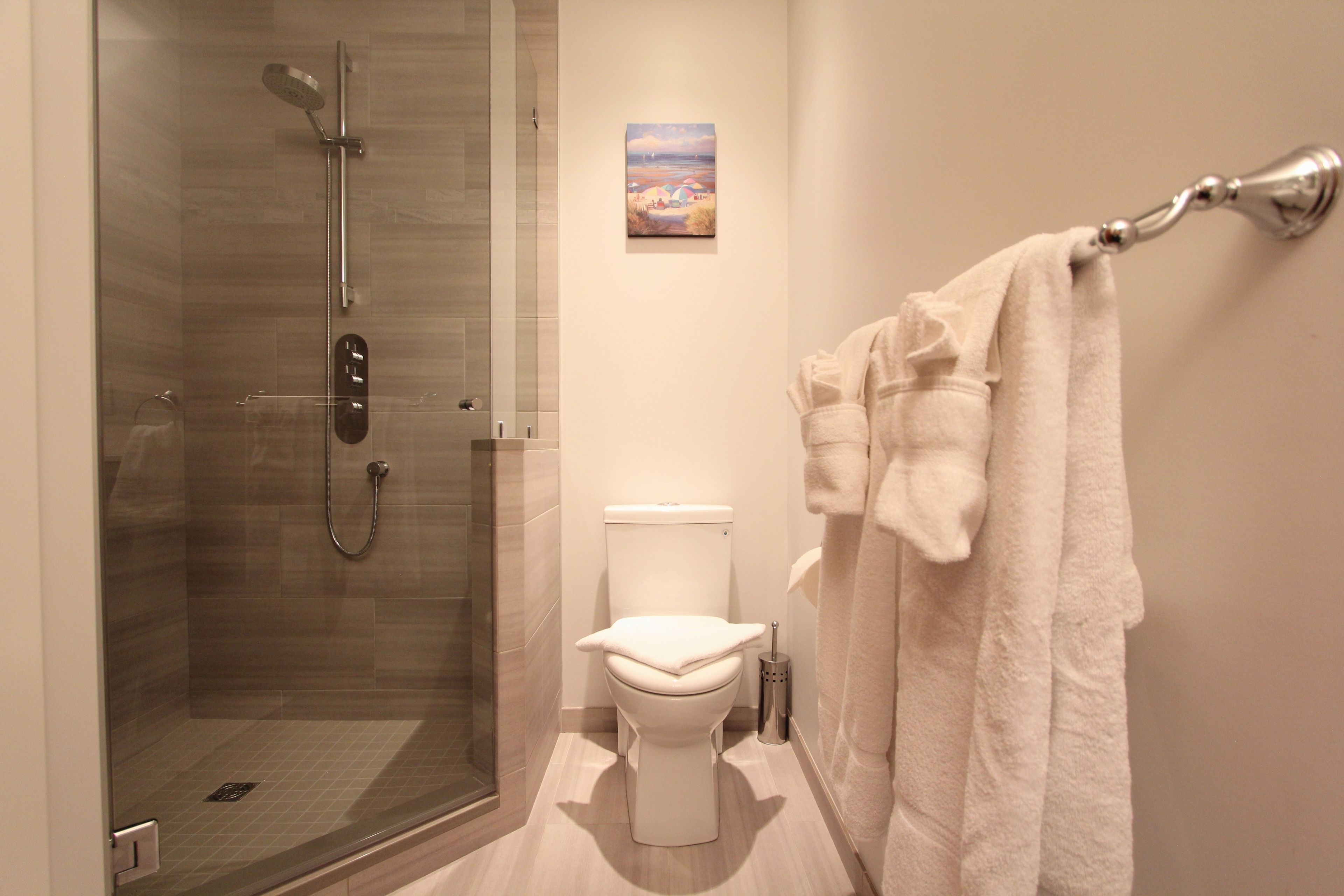 A modern bathroom with a glass-enclosed shower, a white toilet, and a towel rack with a white towel.
