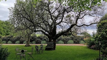 Uma grande árvore em um jardim bem cuidado, com gramado, cadeiras de metal e uma mesa.