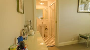 A bathroom with a glass shower enclosure, a sink, and a mirror.