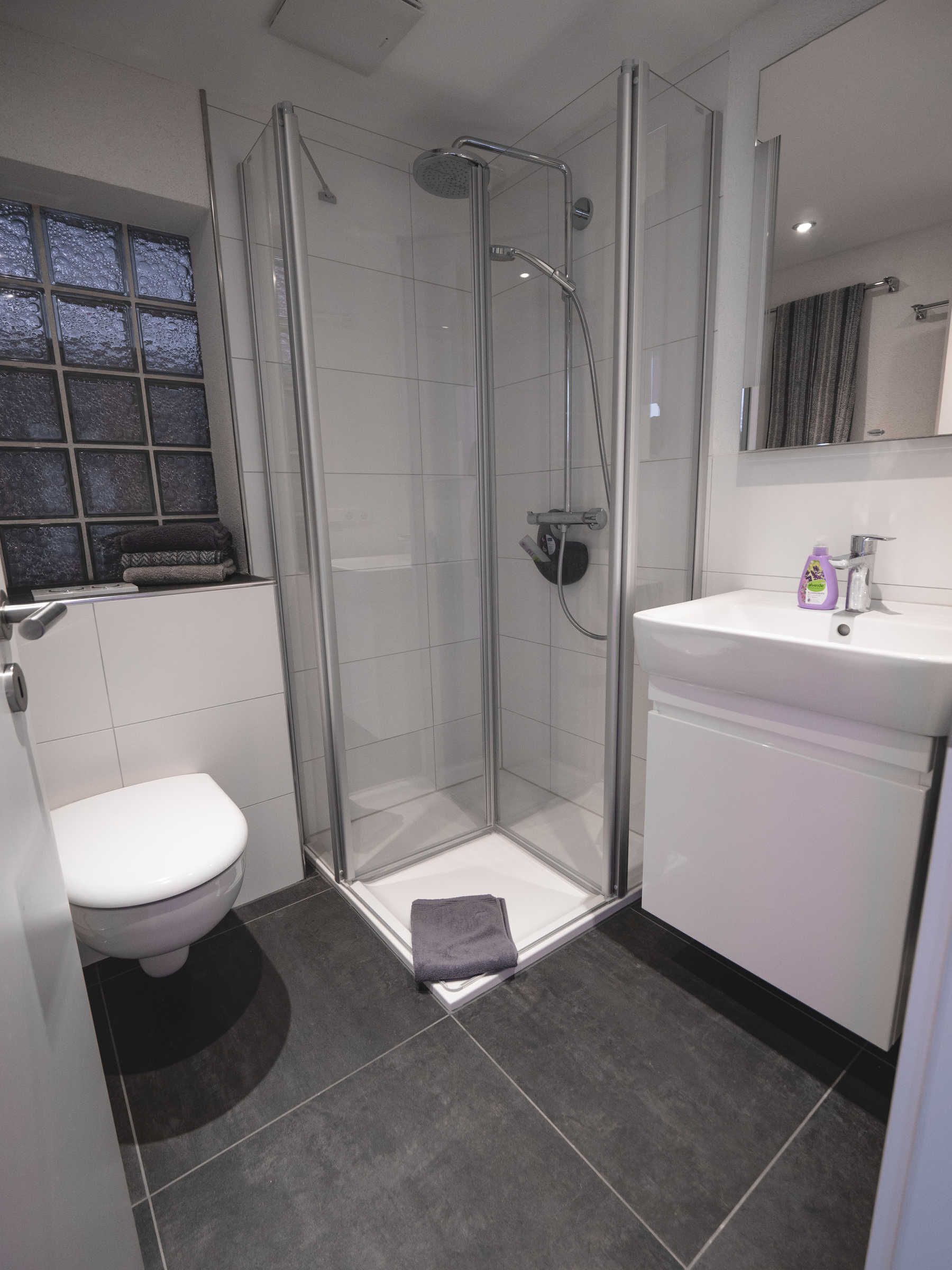 Dusche, Haartrockner, Handtücher, Toilettenpapier
