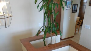 Una escalera con barandillas de madera y una planta en maceta.