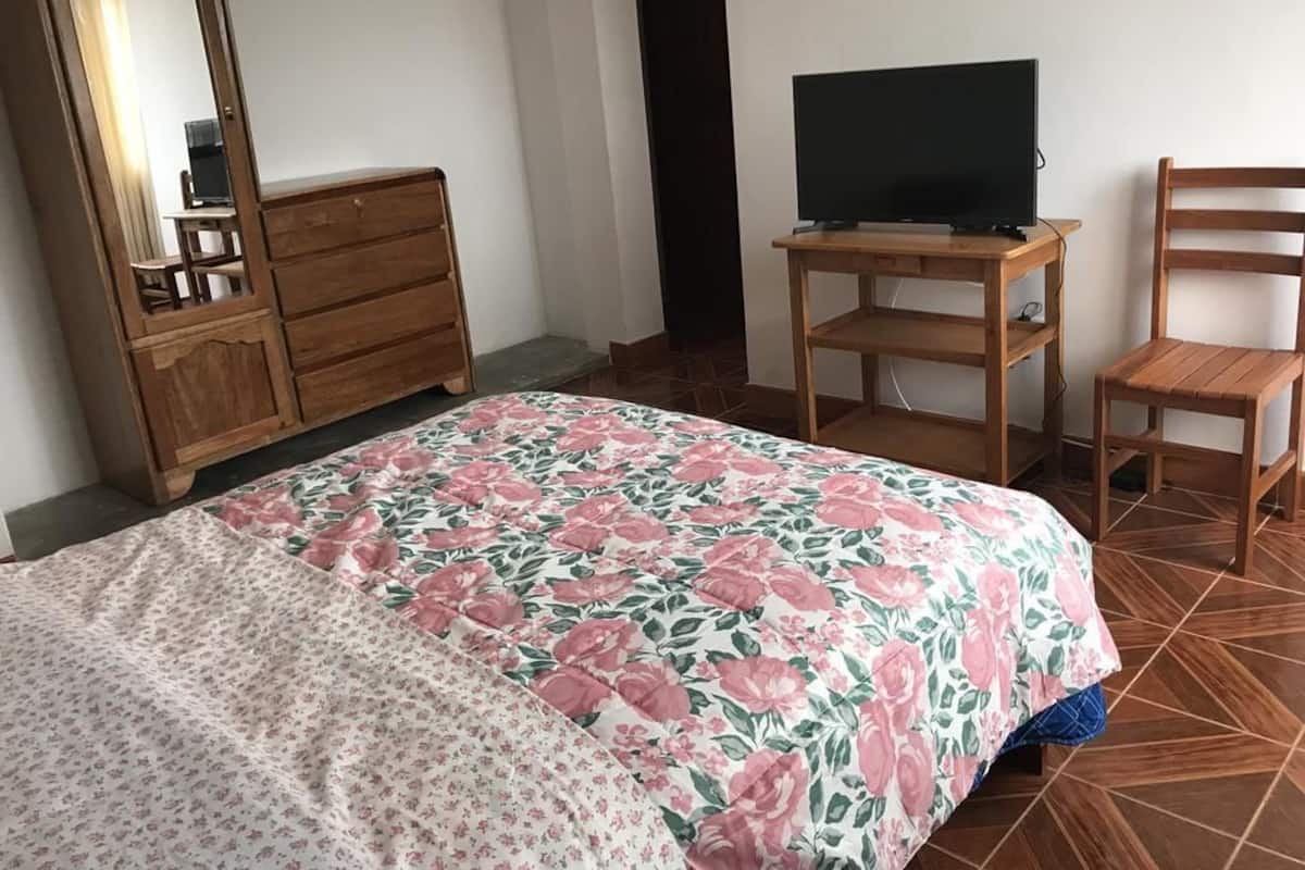 A bedroom with a bed, a wooden dresser, a television on a stand, and a wooden chair.