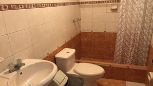 A bathroom with a sink, toilet, and shower area. - Hospedaje Las Flores (Trujillo)