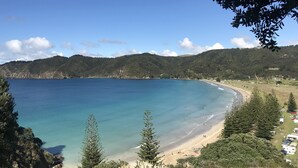 A coastal landscape with a beach, clear blue water, and forested hills.